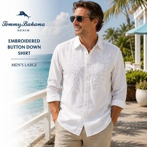 Tommy Bahama Denim Button Down Mens L White Shirt Embroidered Floral Long Sleeve